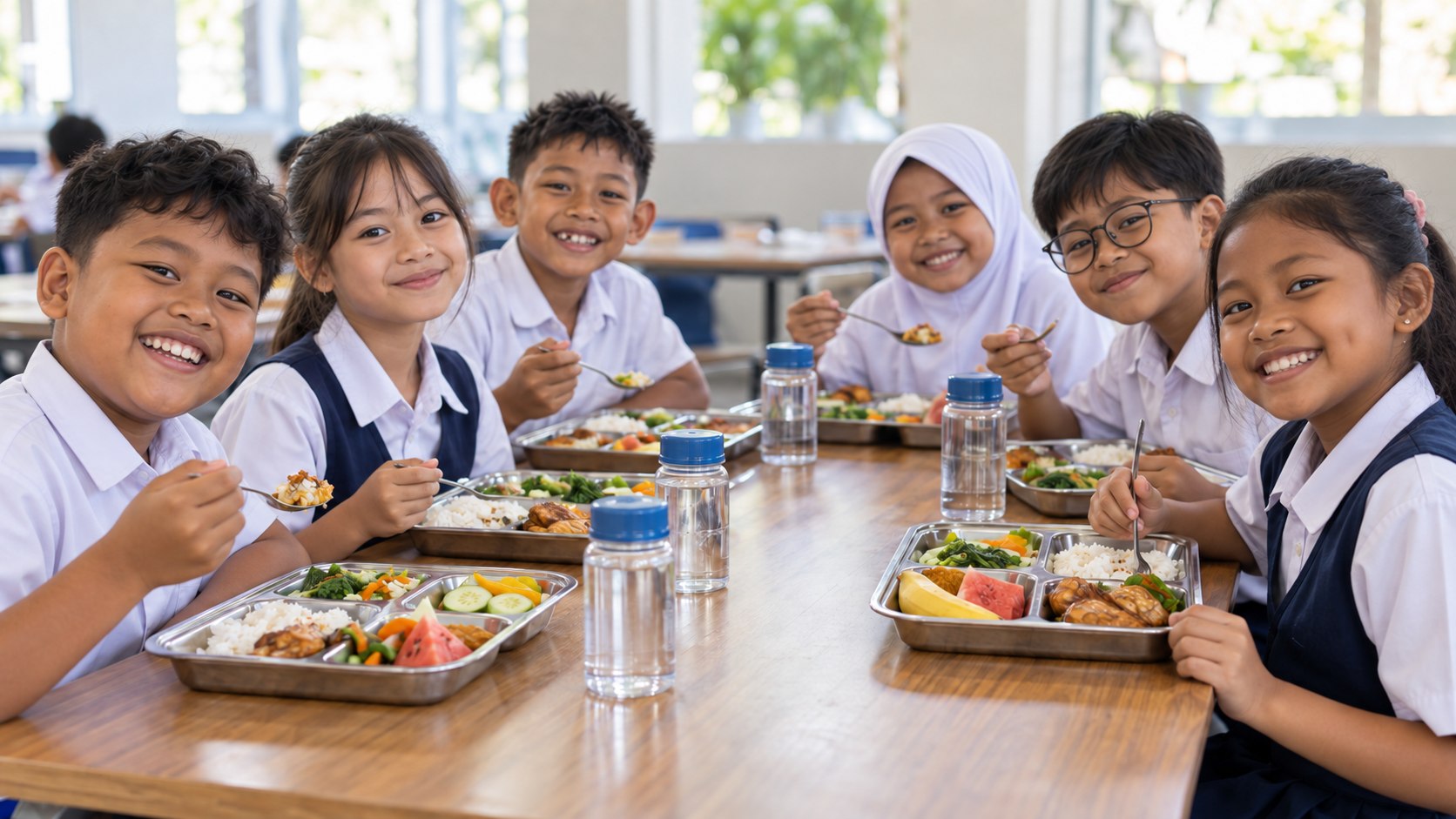 Ilustrasi anak-anak sekolah Indonesia menikmati makanan bergizi bersama