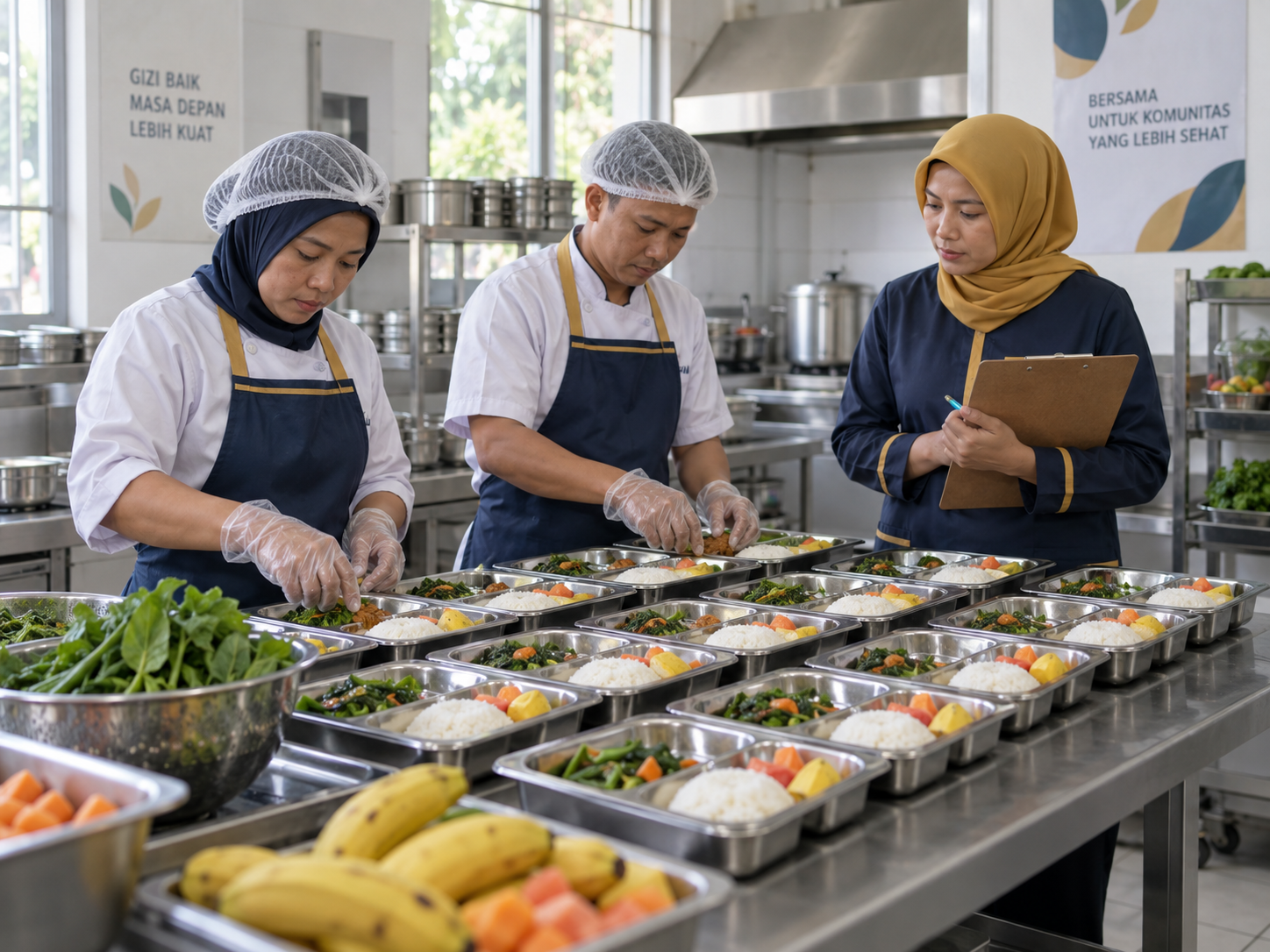 Ilustrasi koordinasi dan penataan menu bergizi di dapur komunitas
