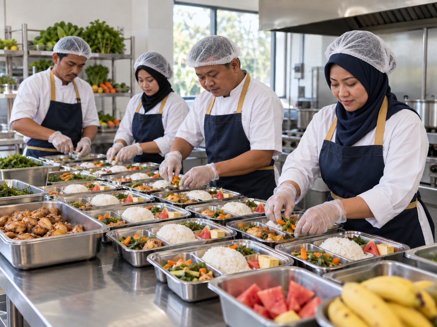 Ilustrasi tim dapur dengan anggota yang beragam menyiapkan menu bergizi untuk program MBG